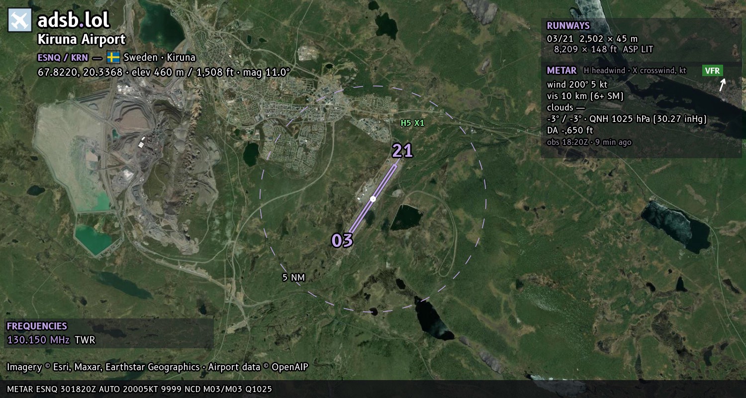 Satellite map with the runway layout of Kiruna Airport (ESNQ)