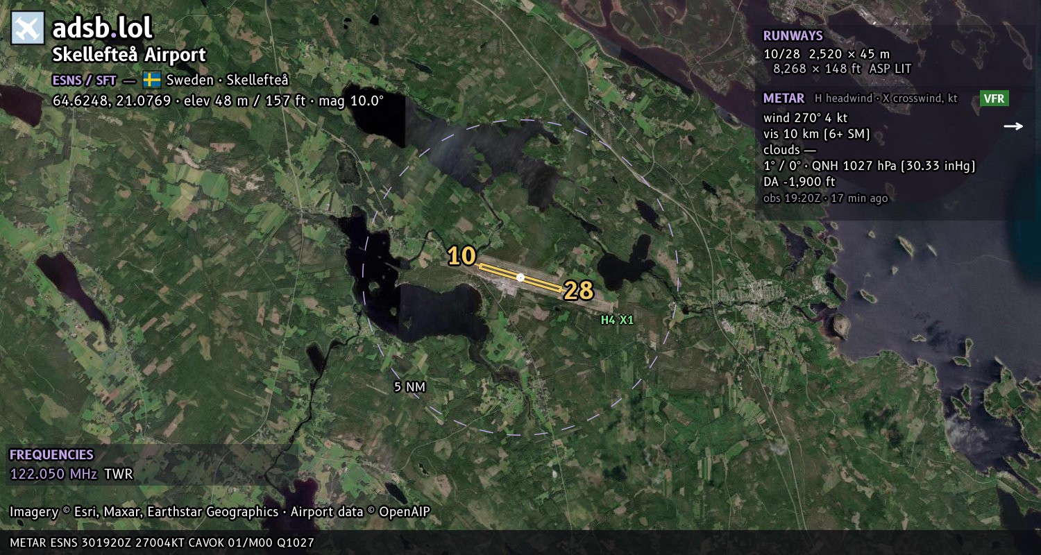Satellite map with the runway layout of Skellefteå Airport (ESNS)