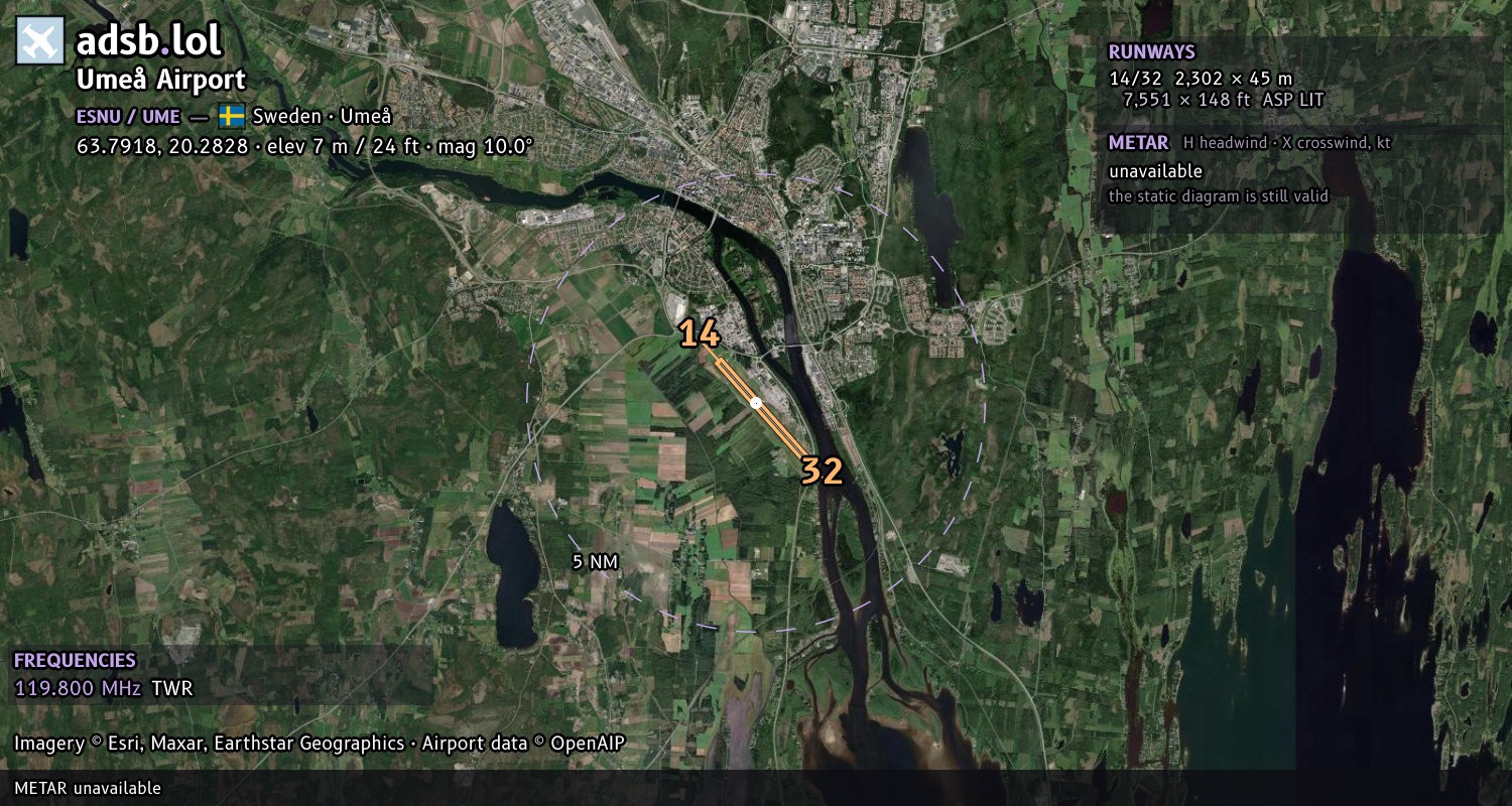 Satellite map with the runway layout of Umeå Airport (ESNU)