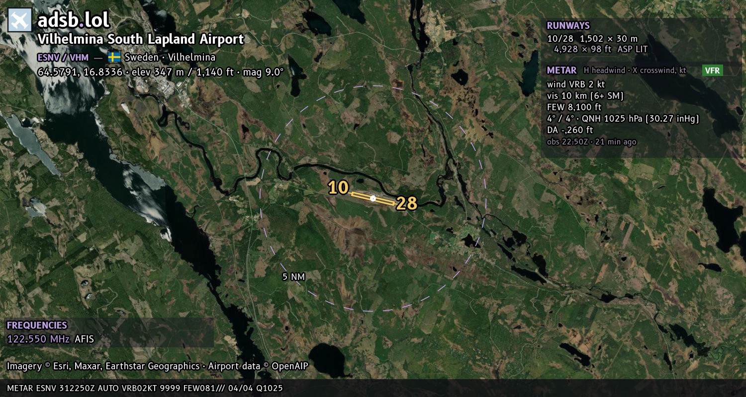 Satellite map with the runway layout of Vilhelmina South Lapland Airport (ESNV)