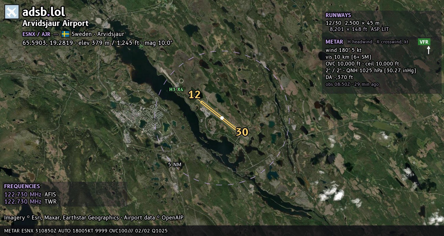 Satellite map with the runway layout of Arvidsjaur Airport (ESNX)