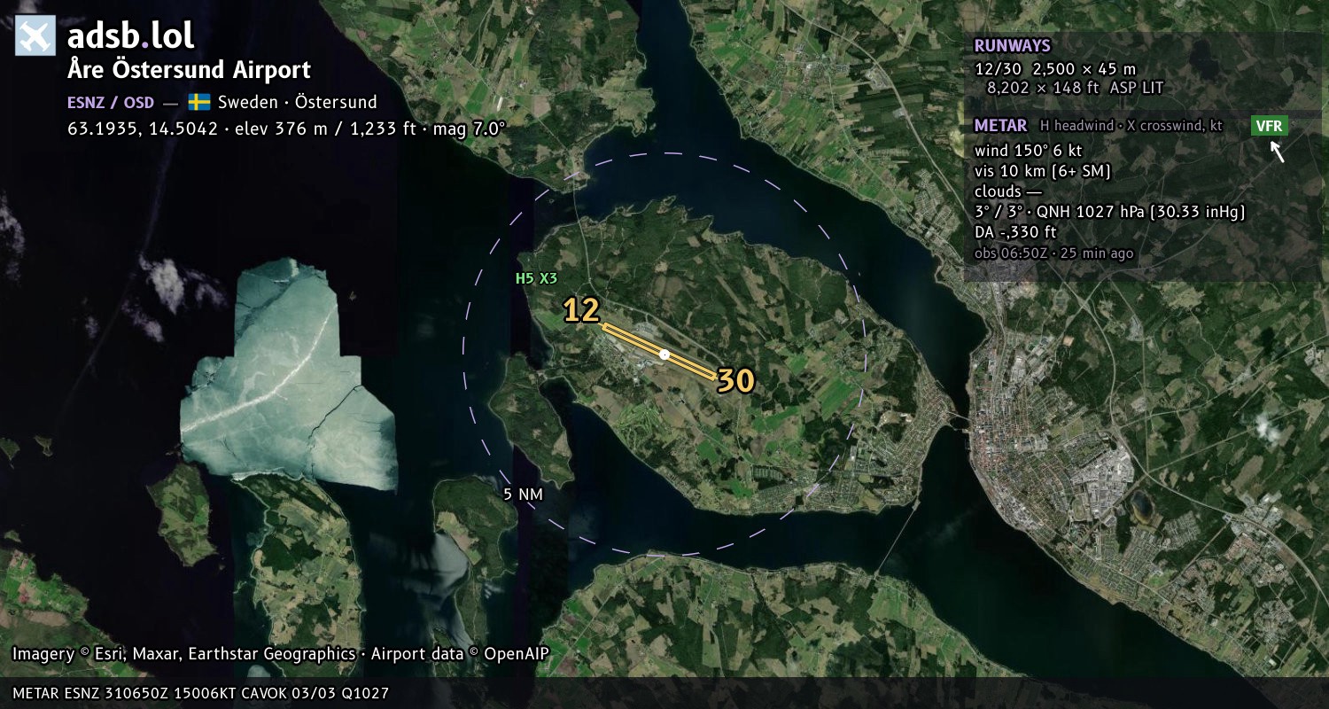 Satellite map with the runway layout of Åre Östersund Airport (ESNZ)