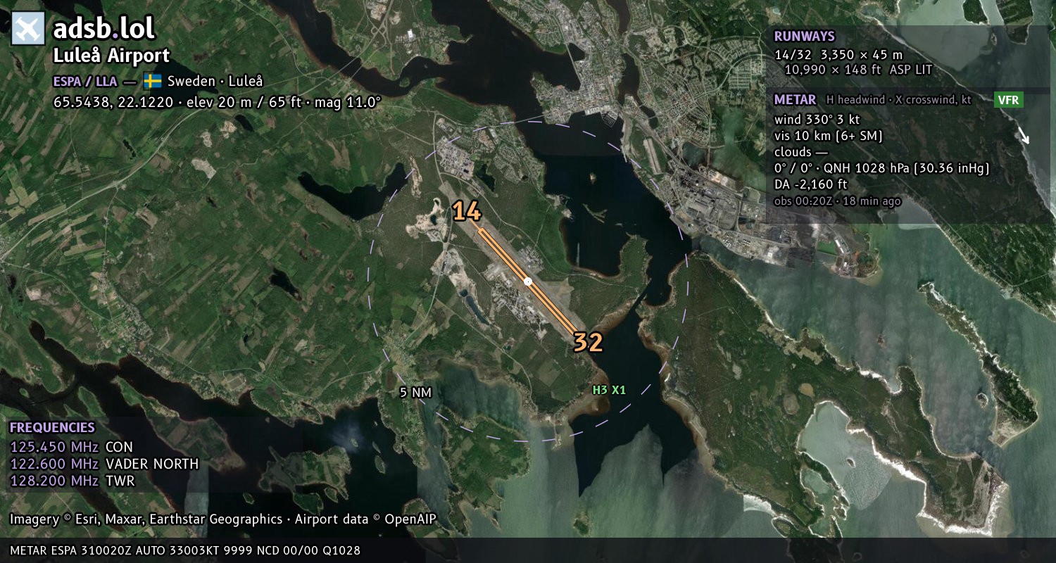 Satellite map with the runway layout of Luleå Airport (ESPA)