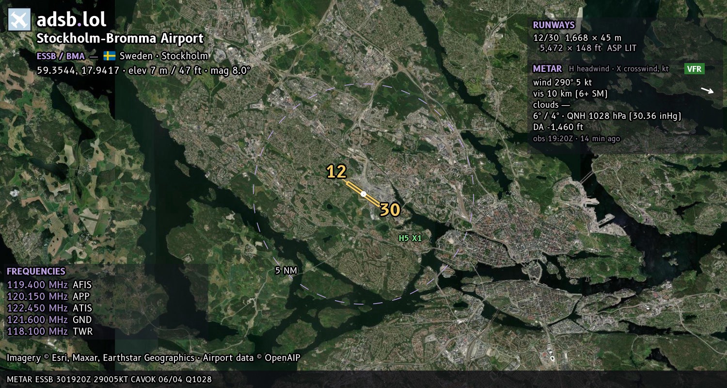 Satellite map with the runway layout of Stockholm-Bromma Airport (ESSB)
