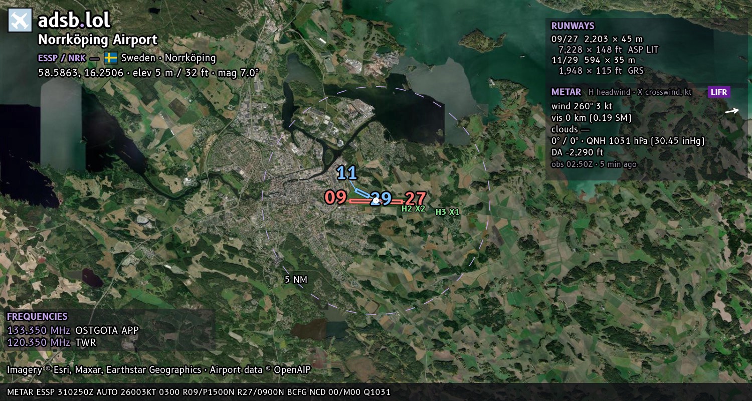 Satellite map with the runway layout of Norrköping Airport (ESSP)