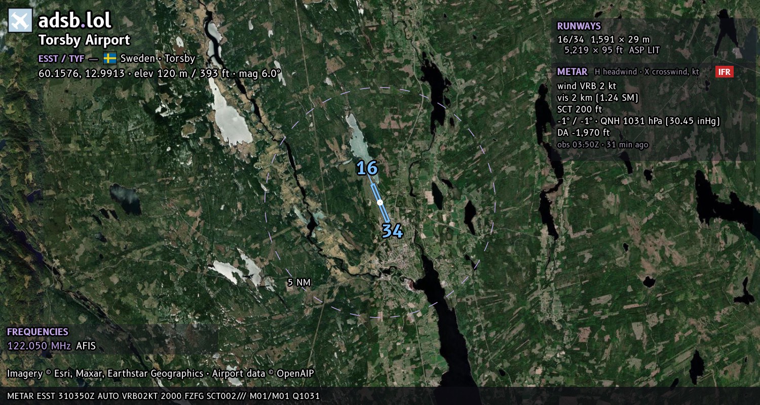 Satellite map with the runway layout of Torsby Airport (ESST)