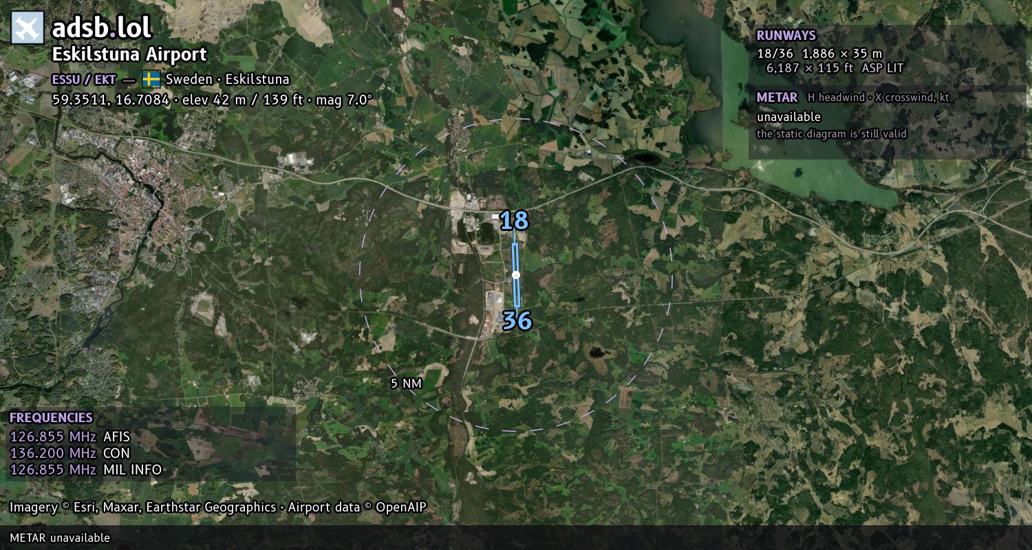 Satellite map with the runway layout of Eskilstuna Airport (ESSU)