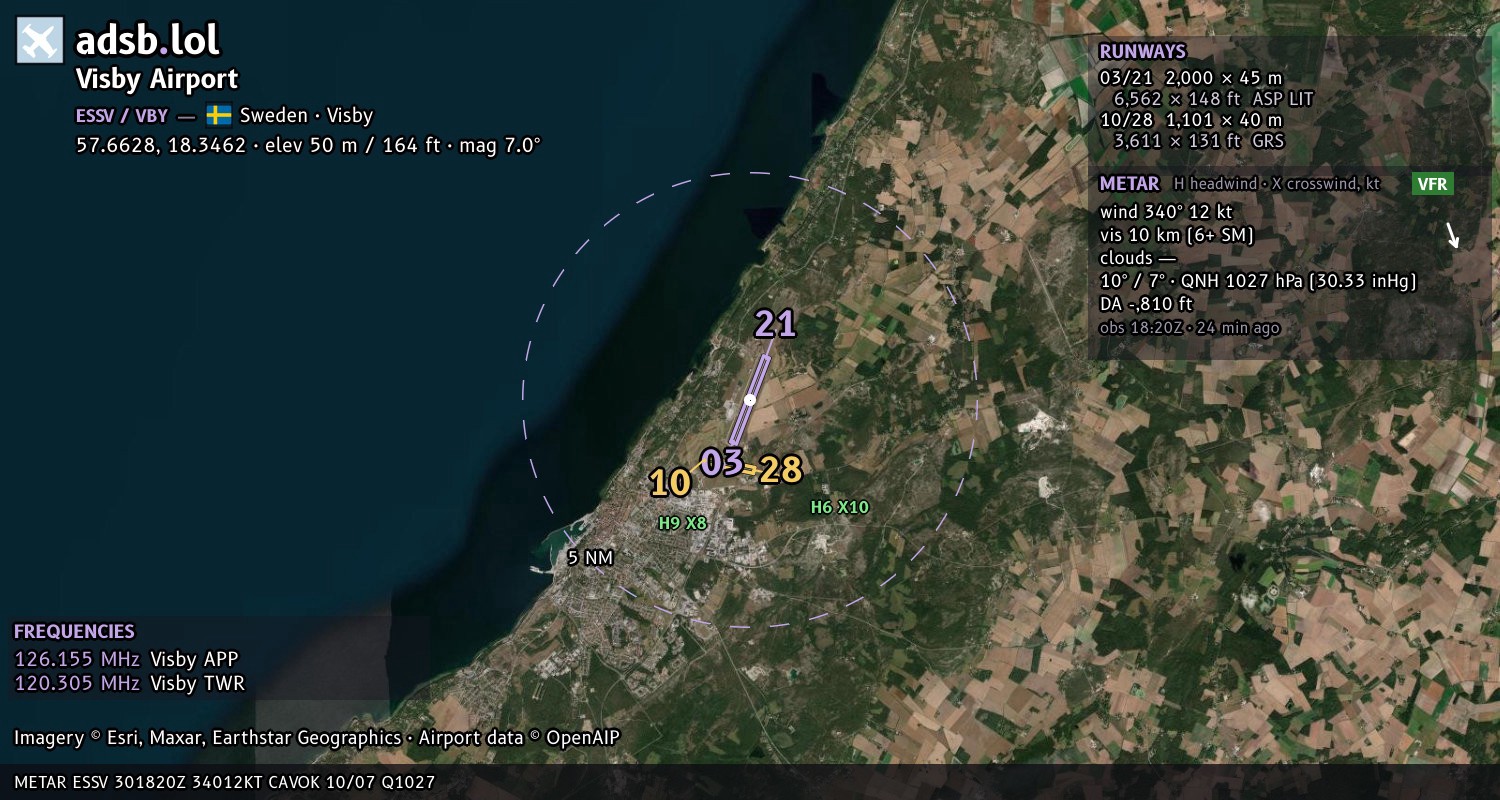 Satellite map with the runway layout of Visby Airport (ESSV)