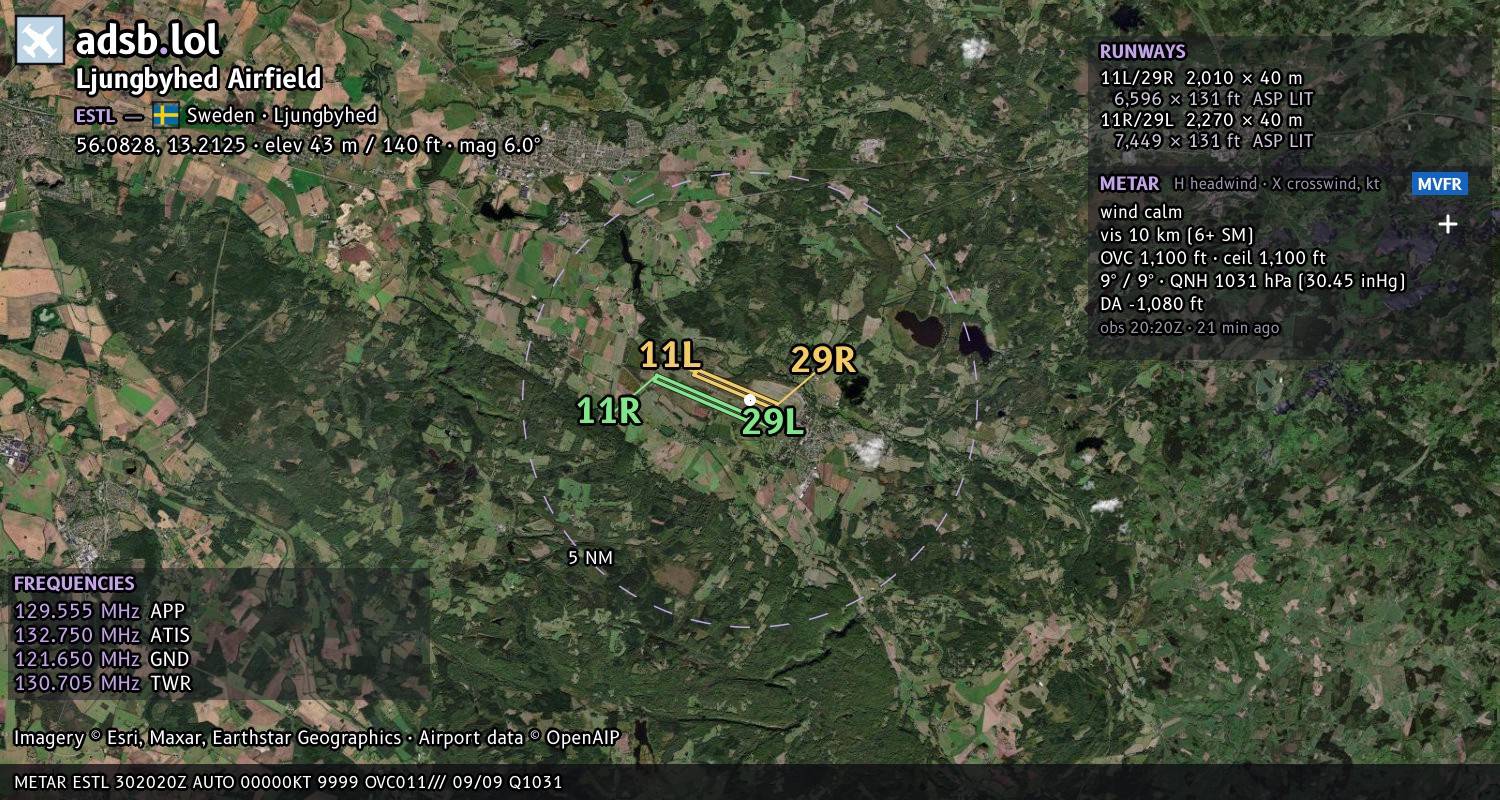 Satellite map with the runway layout of Ljungbyhed Airfield (ESTL)