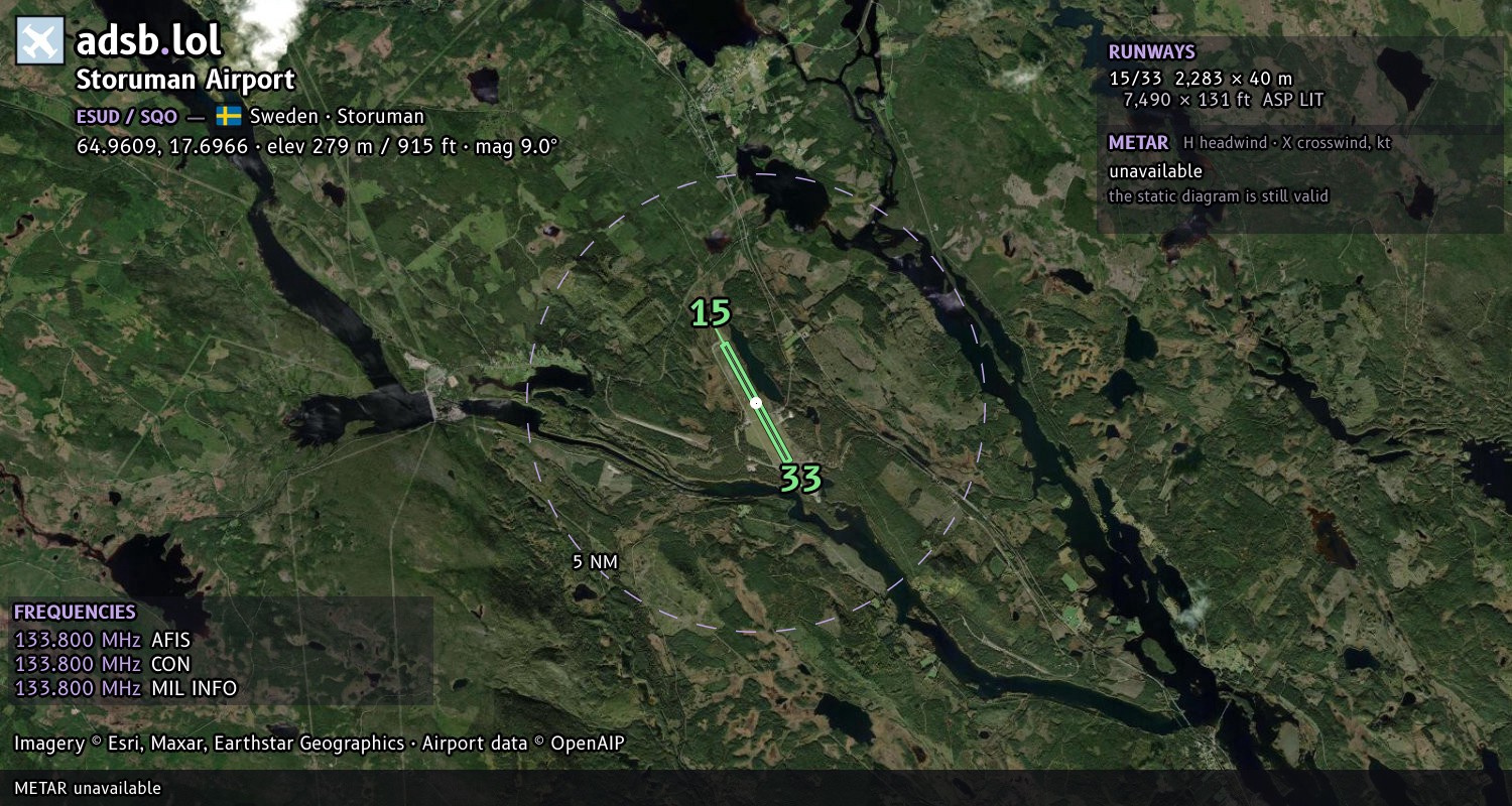 Satellite map with the runway layout of Storuman Airport (ESUD)