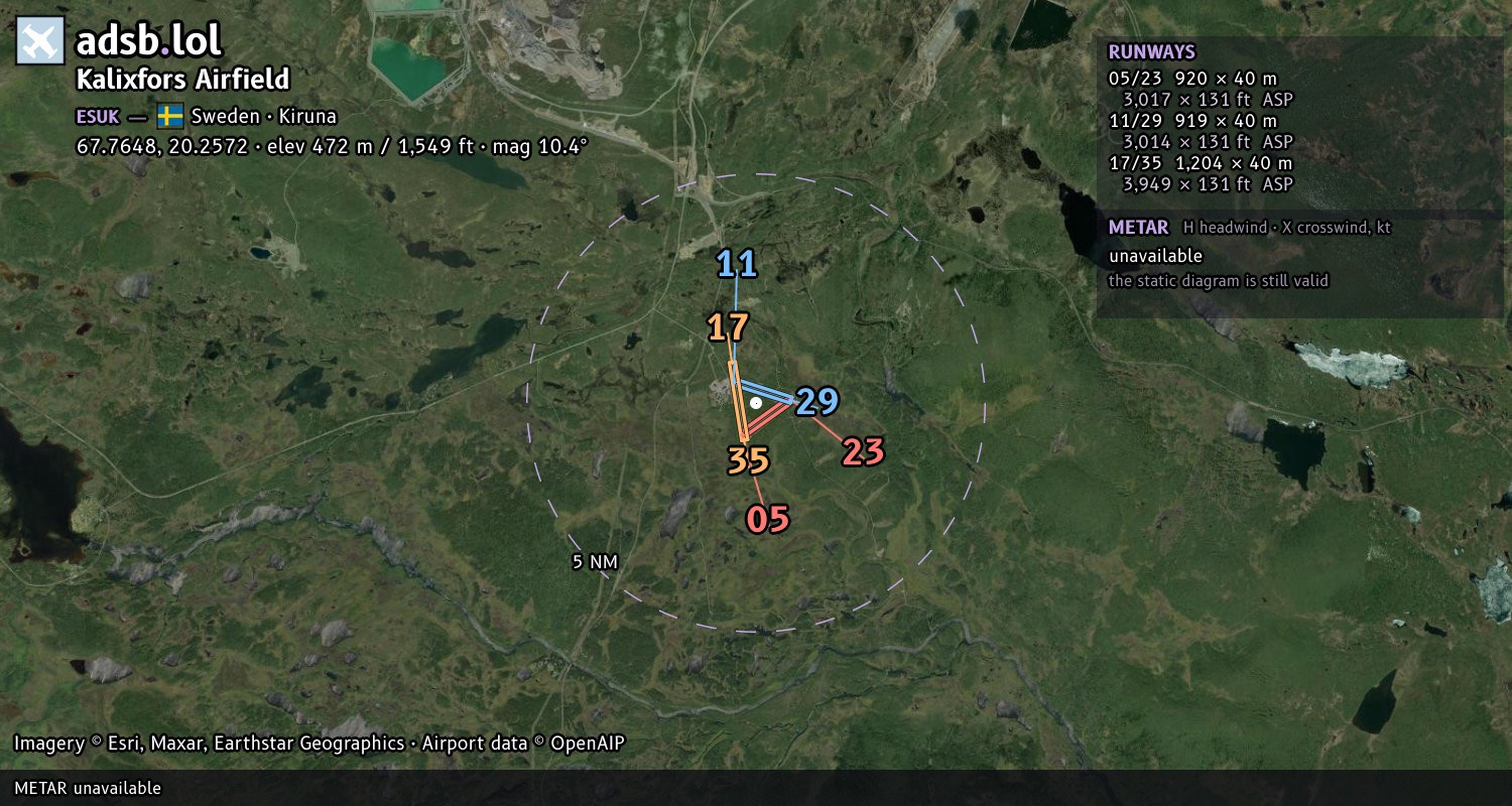 Satellite map with the runway layout of Kalixfors Airfield (ESUK)
