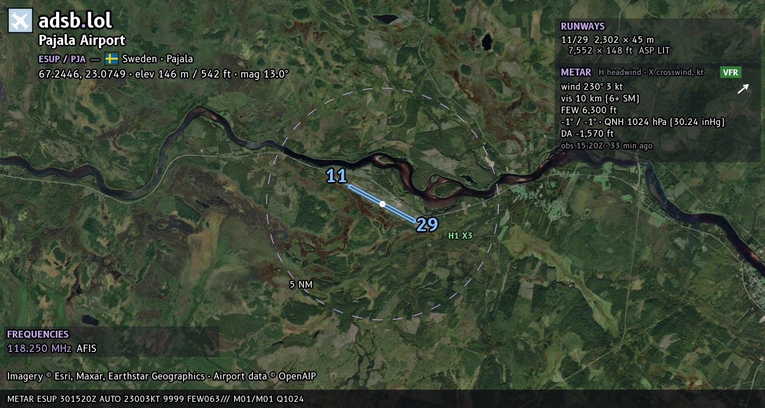 Satellite map with the runway layout of Pajala Airport (ESUP)