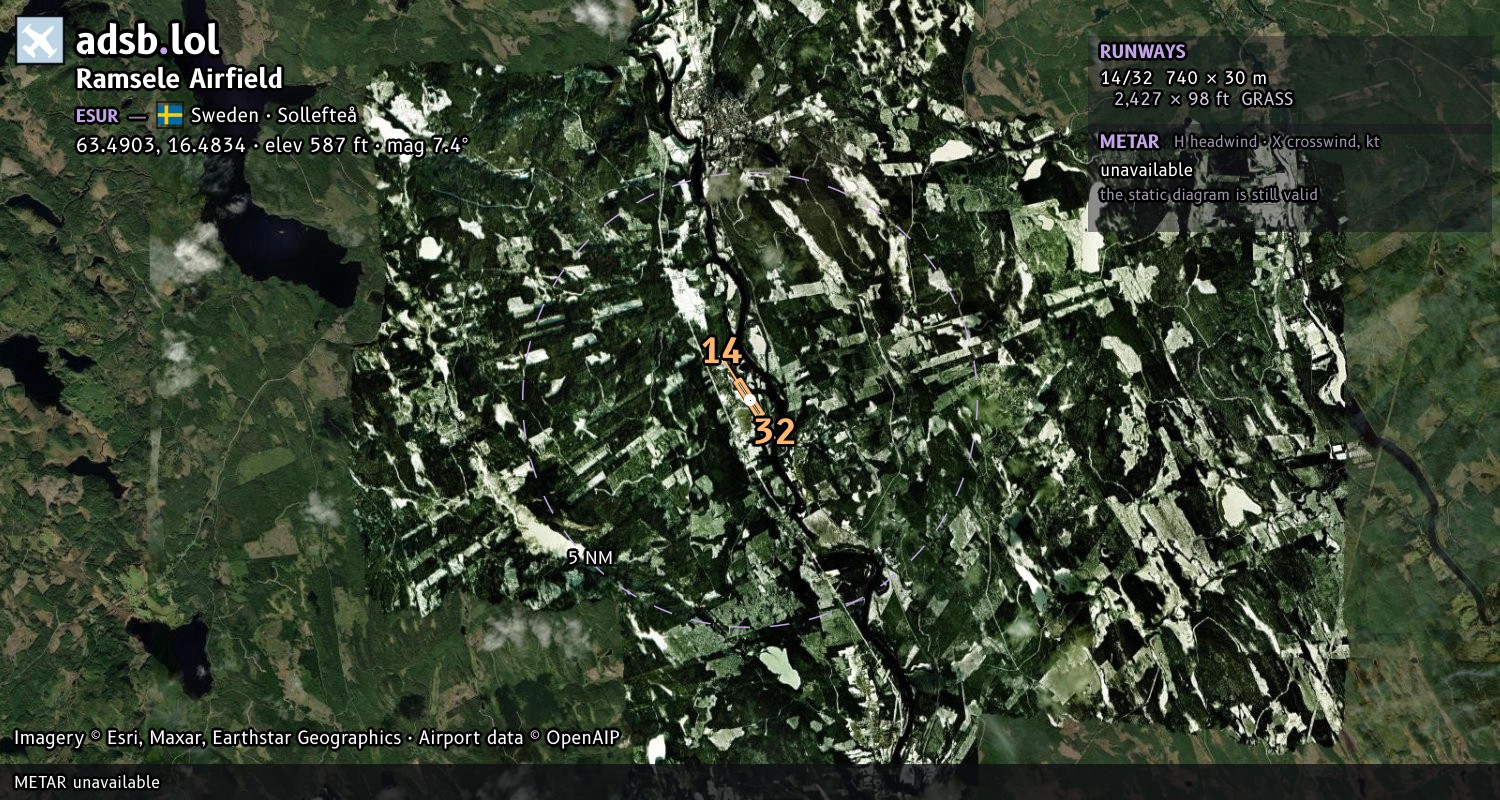 Satellite map with the runway layout of Ramsele Airfield (ESUR)
