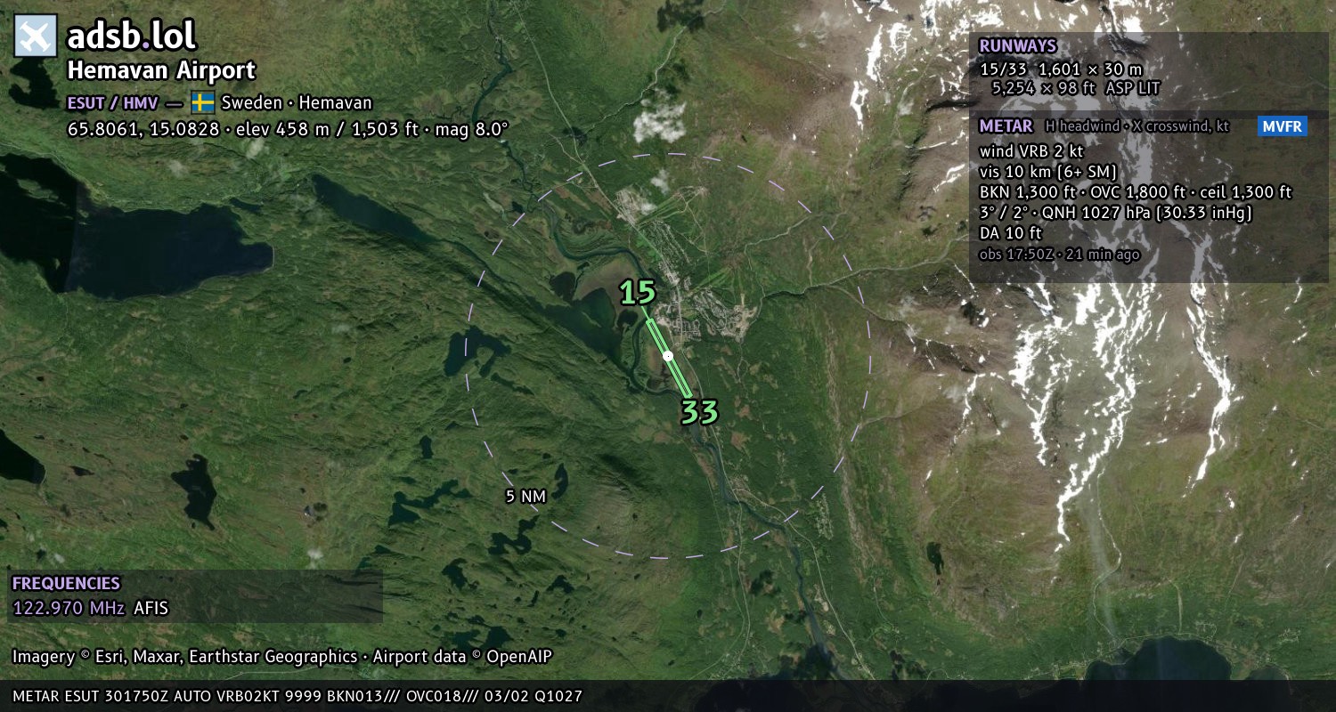 Satellite map with the runway layout of Hemavan Airport (ESUT)