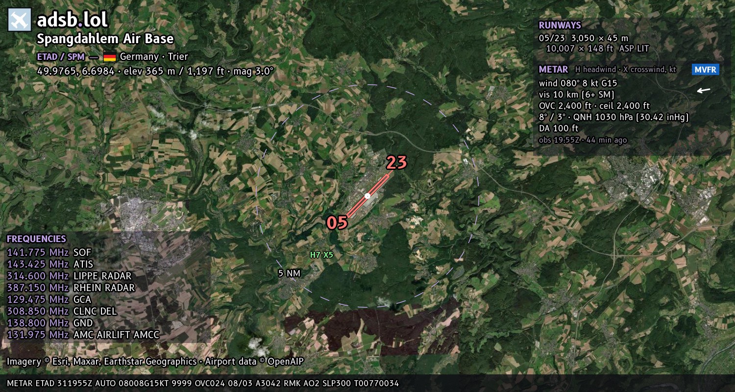 Satellite map with the runway layout of Spangdahlem Air Base (ETAD)