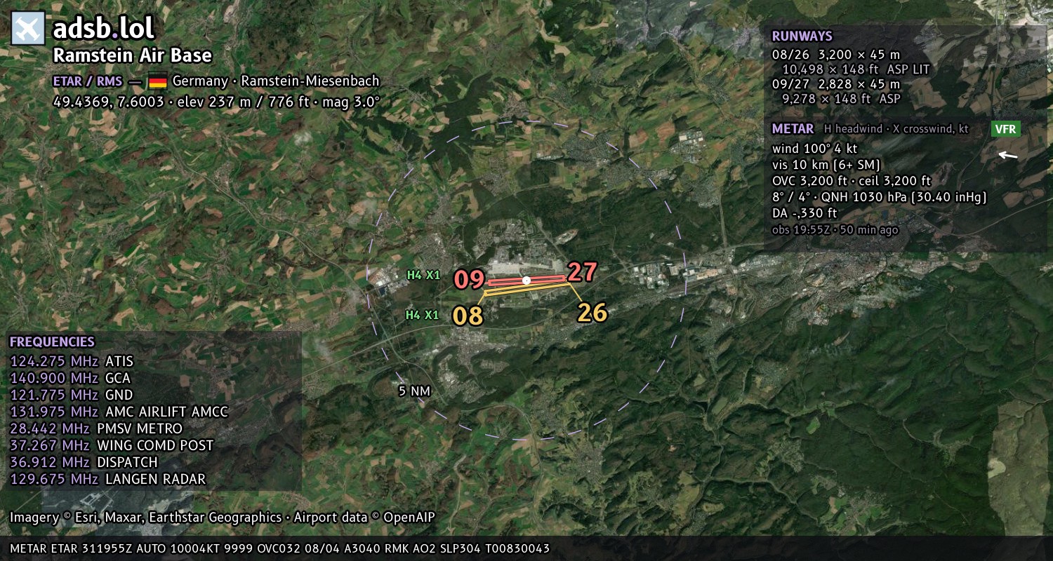 Satellite map with the runway layout of Ramstein Air Base (ETAR)