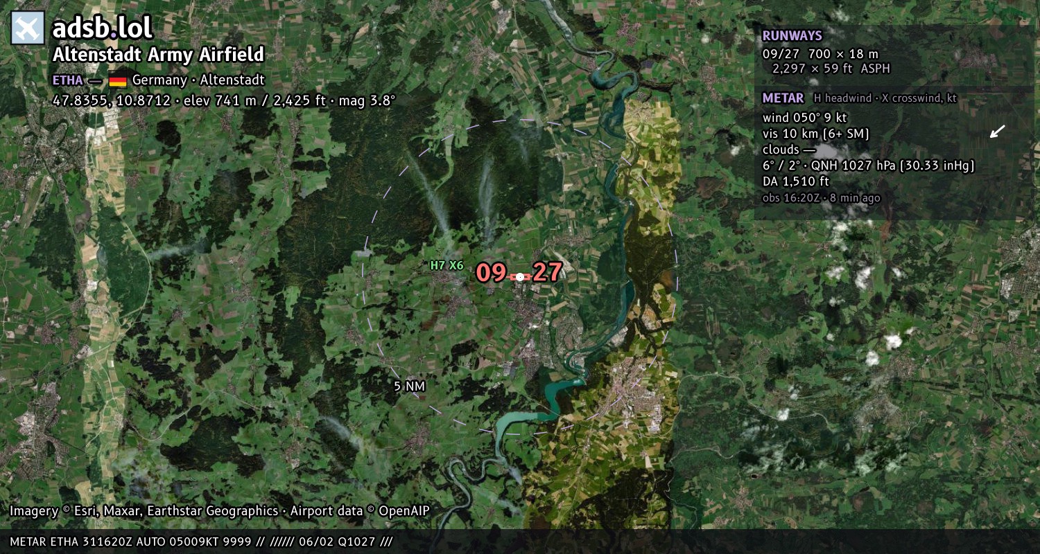 Satellite map with the runway layout of Altenstadt Army Airfield (ETHA)