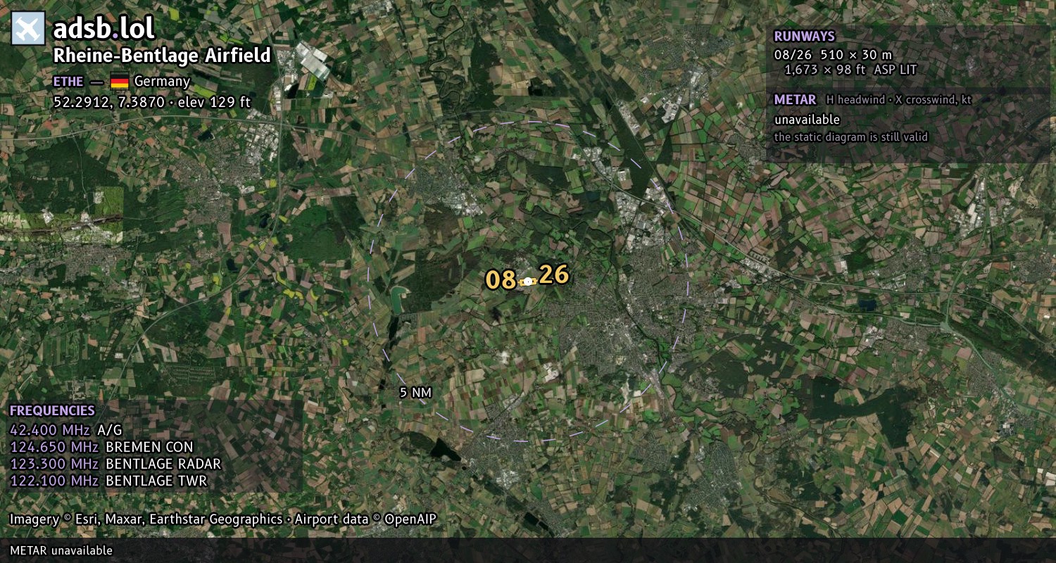 Satellite map with the runway layout of Rheine-Bentlage Airfield (ETHE)