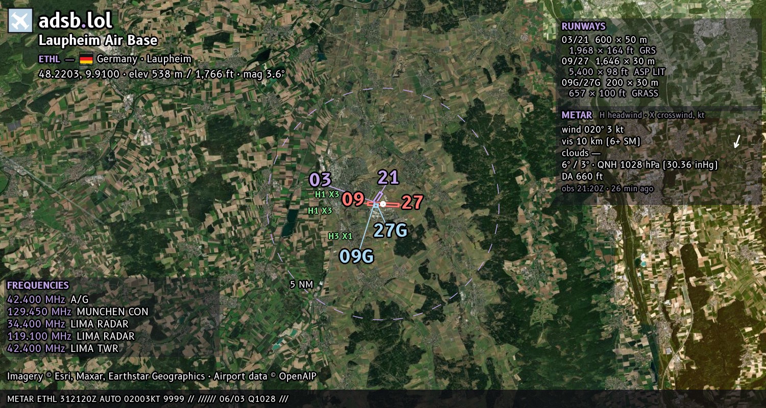 Satellite map with the runway layout of Laupheim Air Base (ETHL)