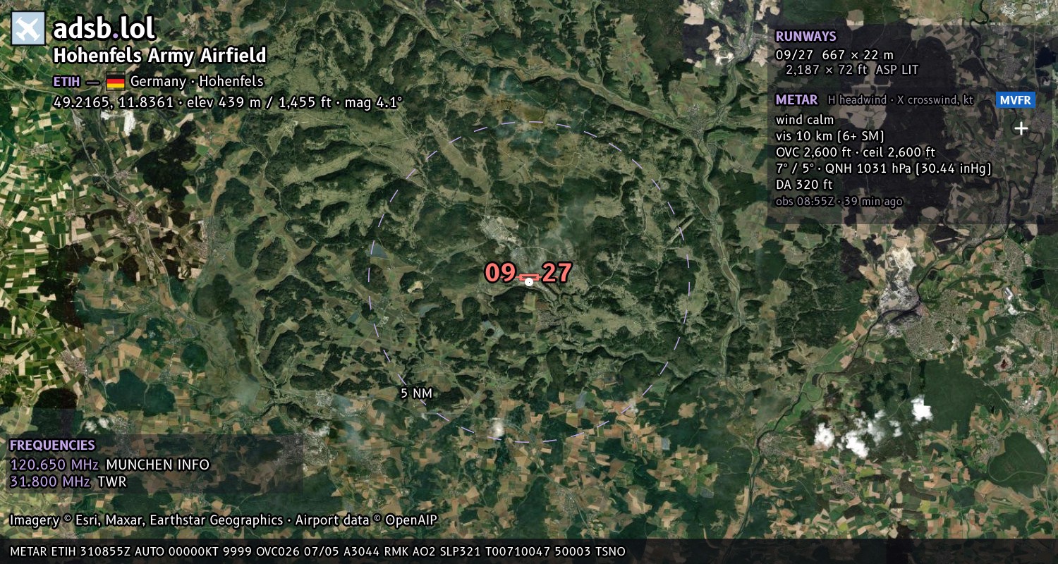 Satellite map with the runway layout of Hohenfels Army Airfield (ETIH)