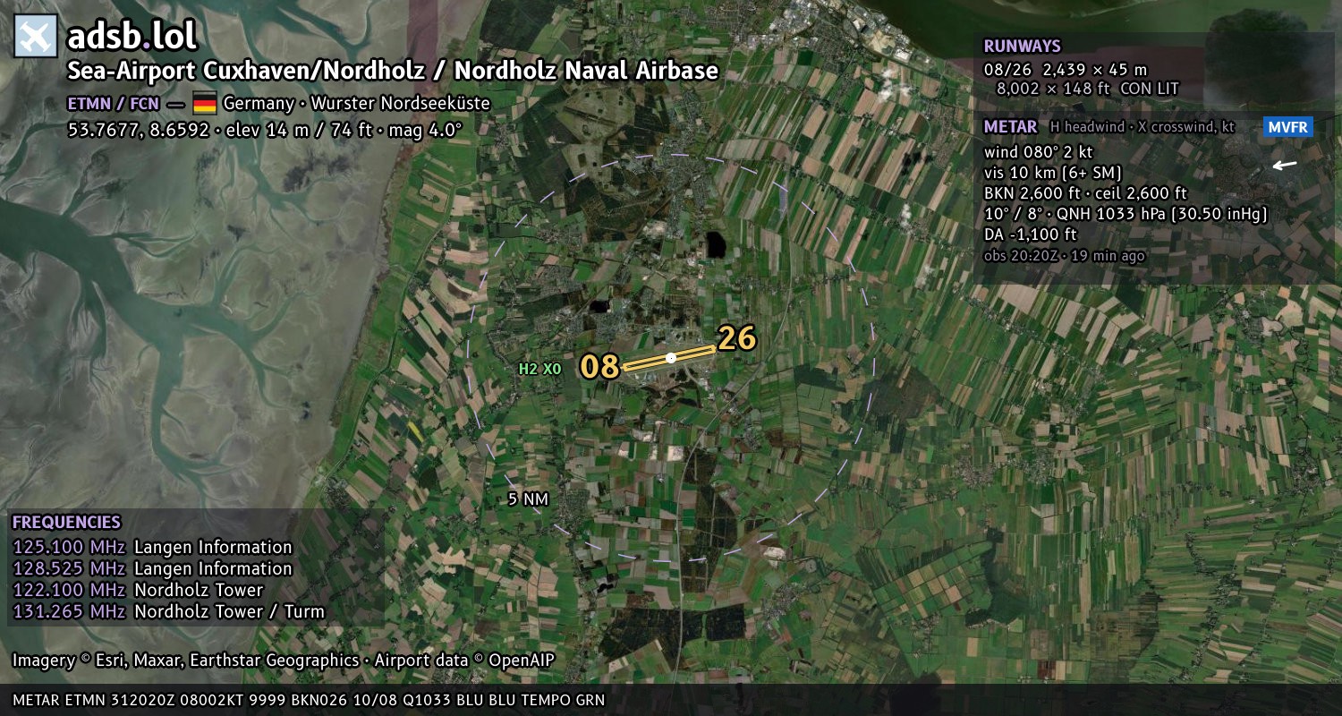Satellite map with the runway layout of Sea-Airport Cuxhaven/Nordholz / Nordholz Naval Airbase (ETMN)