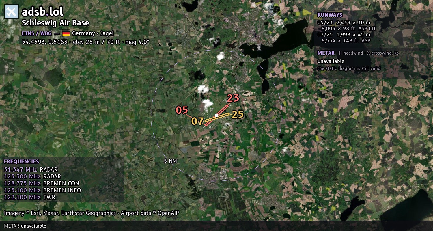 Satellite map with the runway layout of Schleswig Air Base (ETNS)