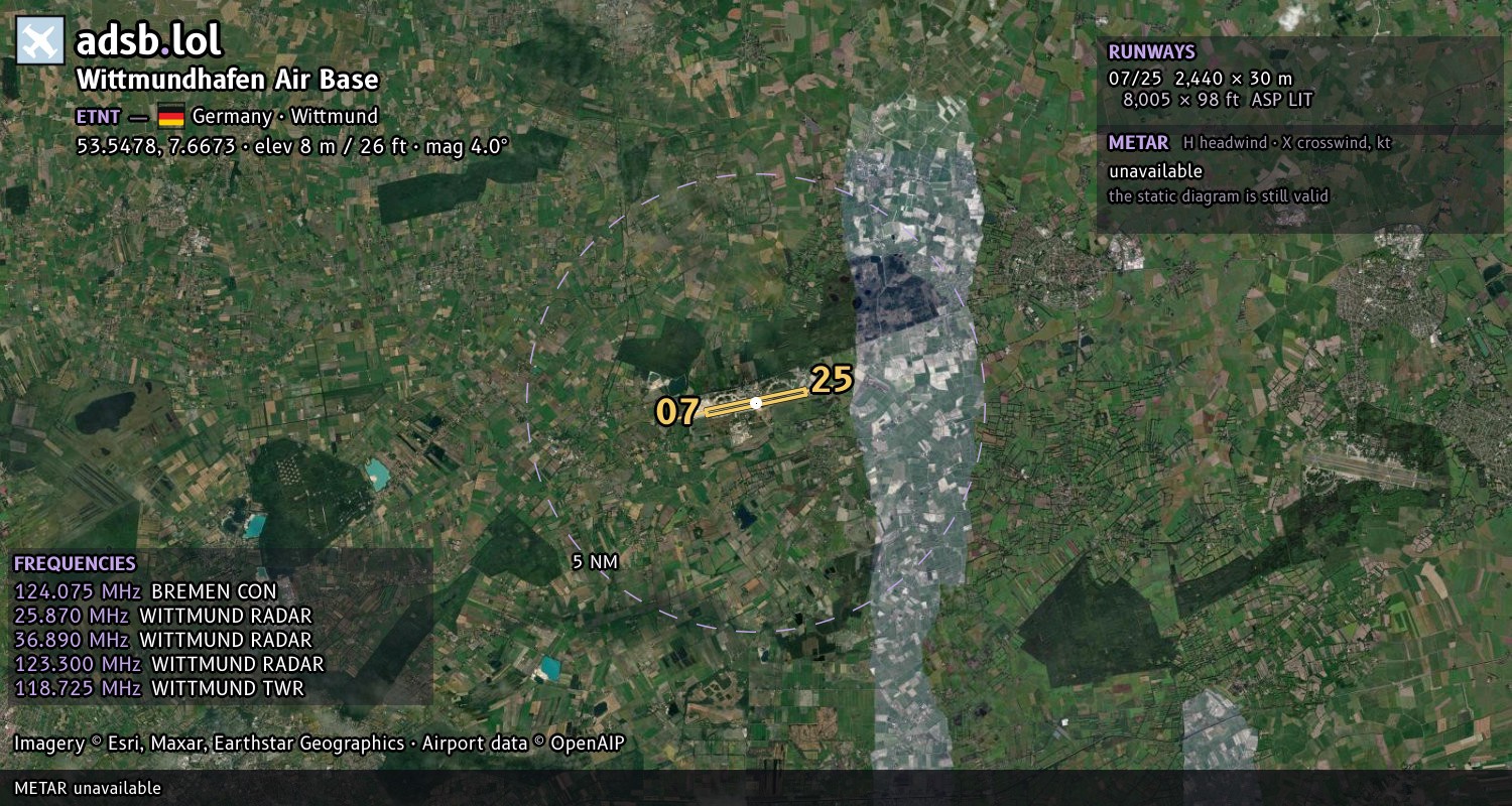 Satellite map with the runway layout of Wittmundhafen Air Base (ETNT)