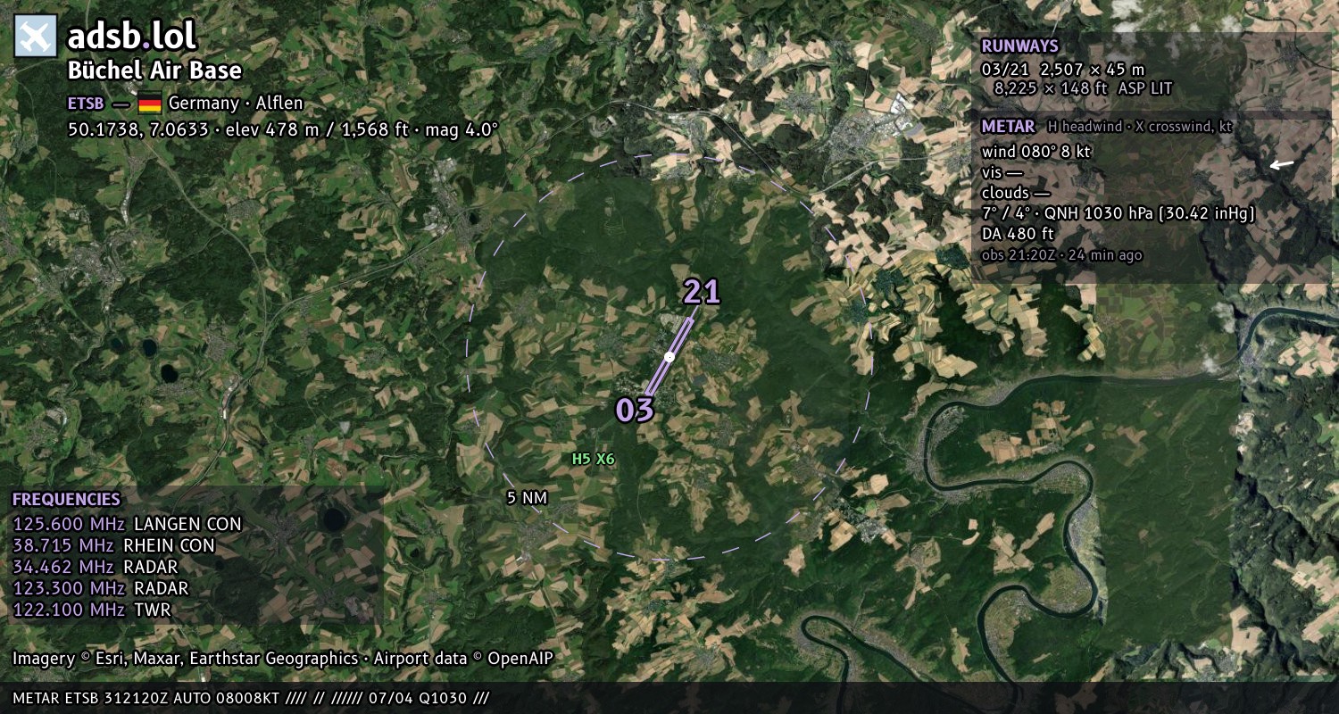 Satellite map with the runway layout of Büchel Air Base (ETSB)