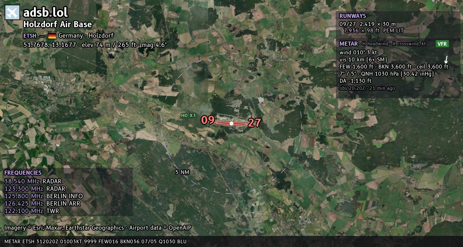 Satellite map with the runway layout of Holzdorf Air Base (ETSH)