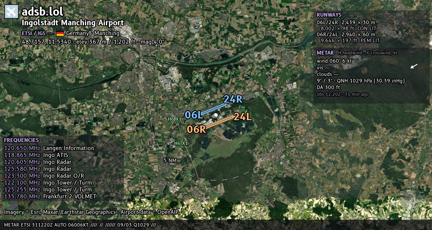 Satellite map with the runway layout of Ingolstadt Manching Airport (ETSI)