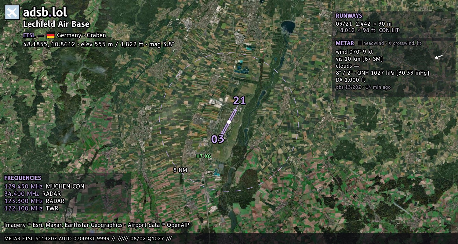 Satellite map with the runway layout of Lechfeld Air Base (ETSL)