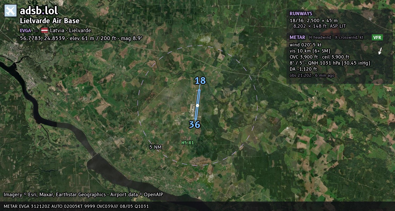 Satellite map with the runway layout of Lielvarde Air Base (EVGA)