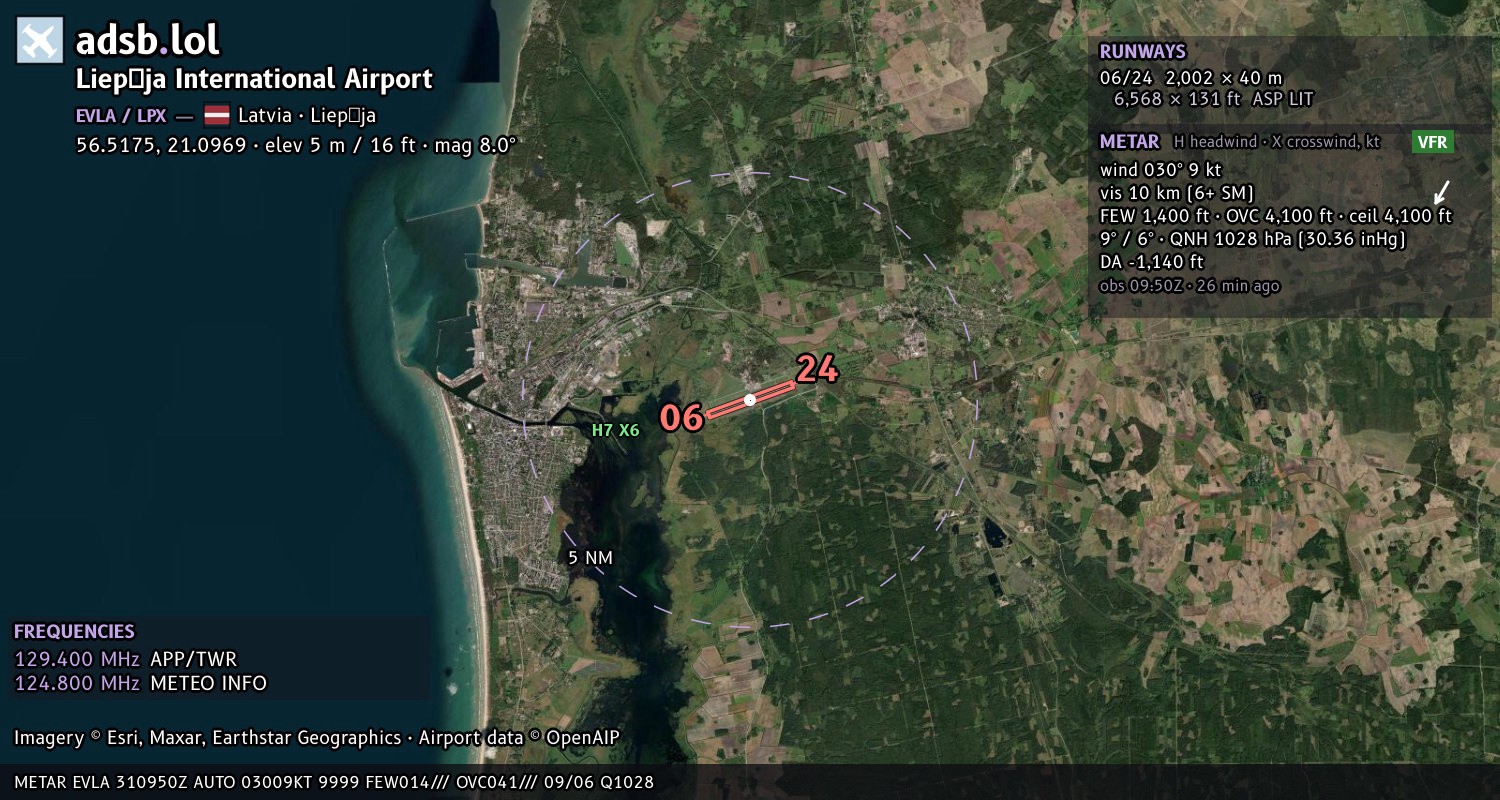 Satellite map with the runway layout of Liepāja International Airport (EVLA)