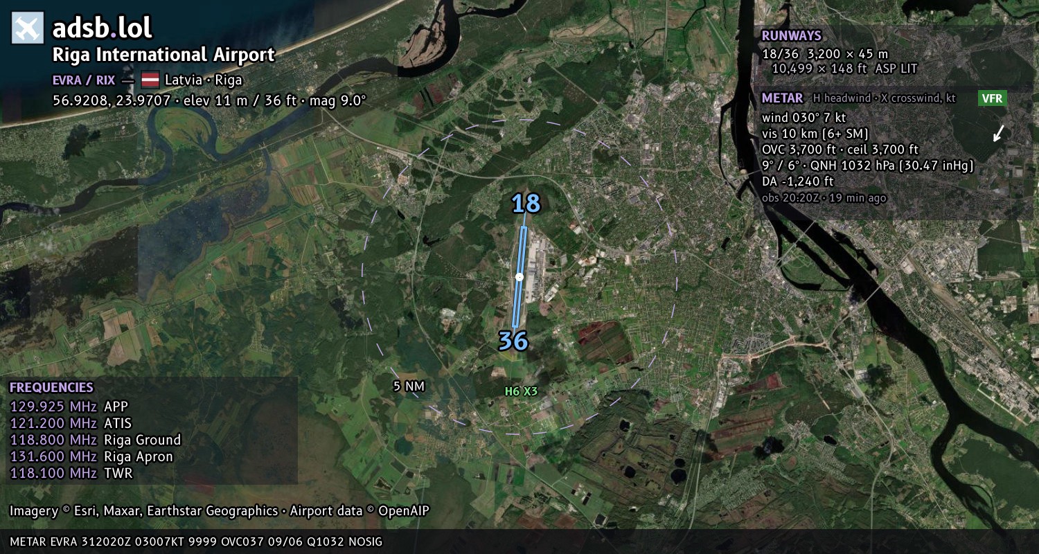 Satellite map with the runway layout of Riga International Airport (EVRA)