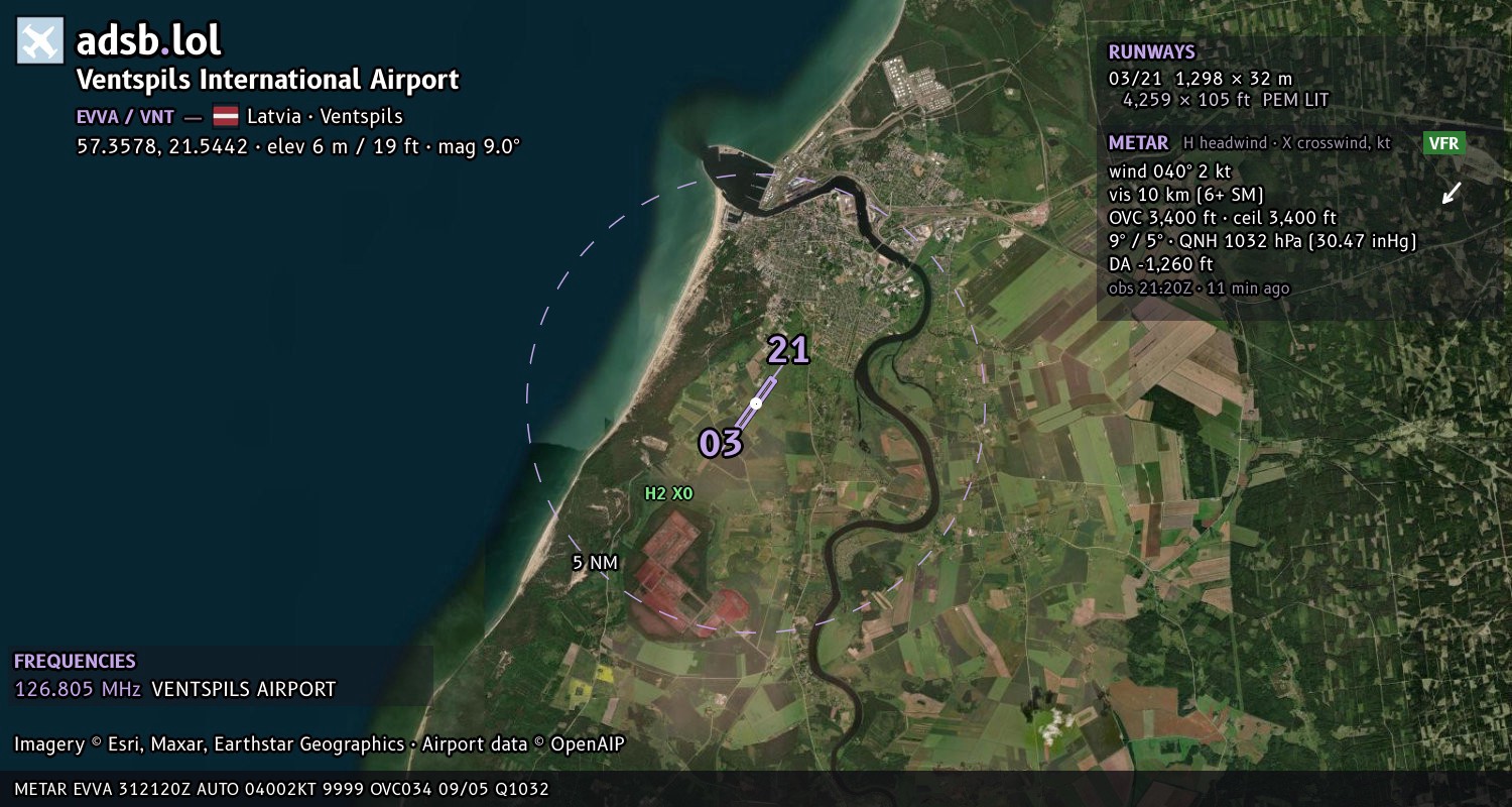 Satellite map with the runway layout of Ventspils International Airport (EVVA)