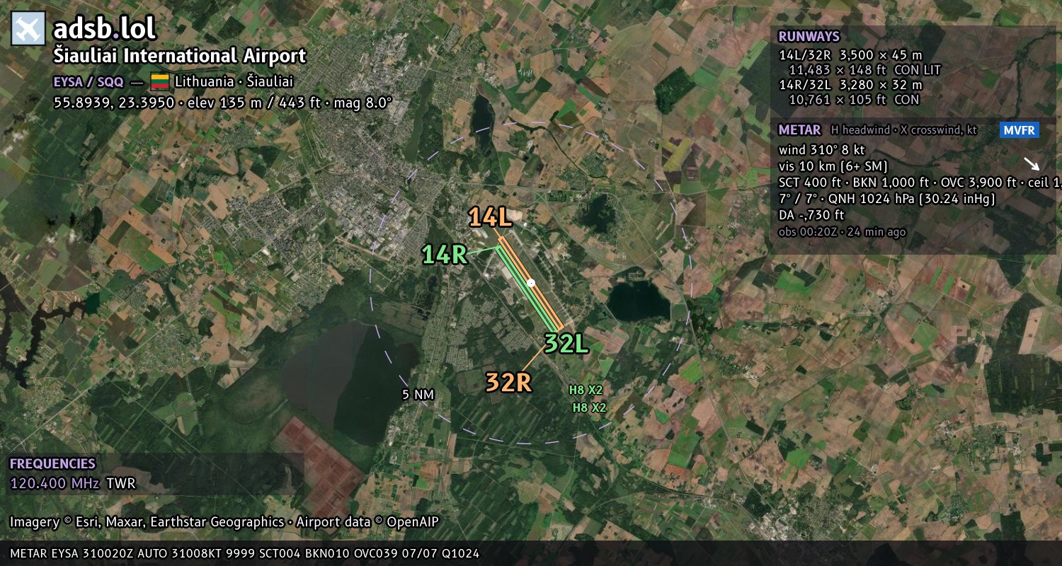 Satellite map with the runway layout of Šiauliai International Airport (EYSA)