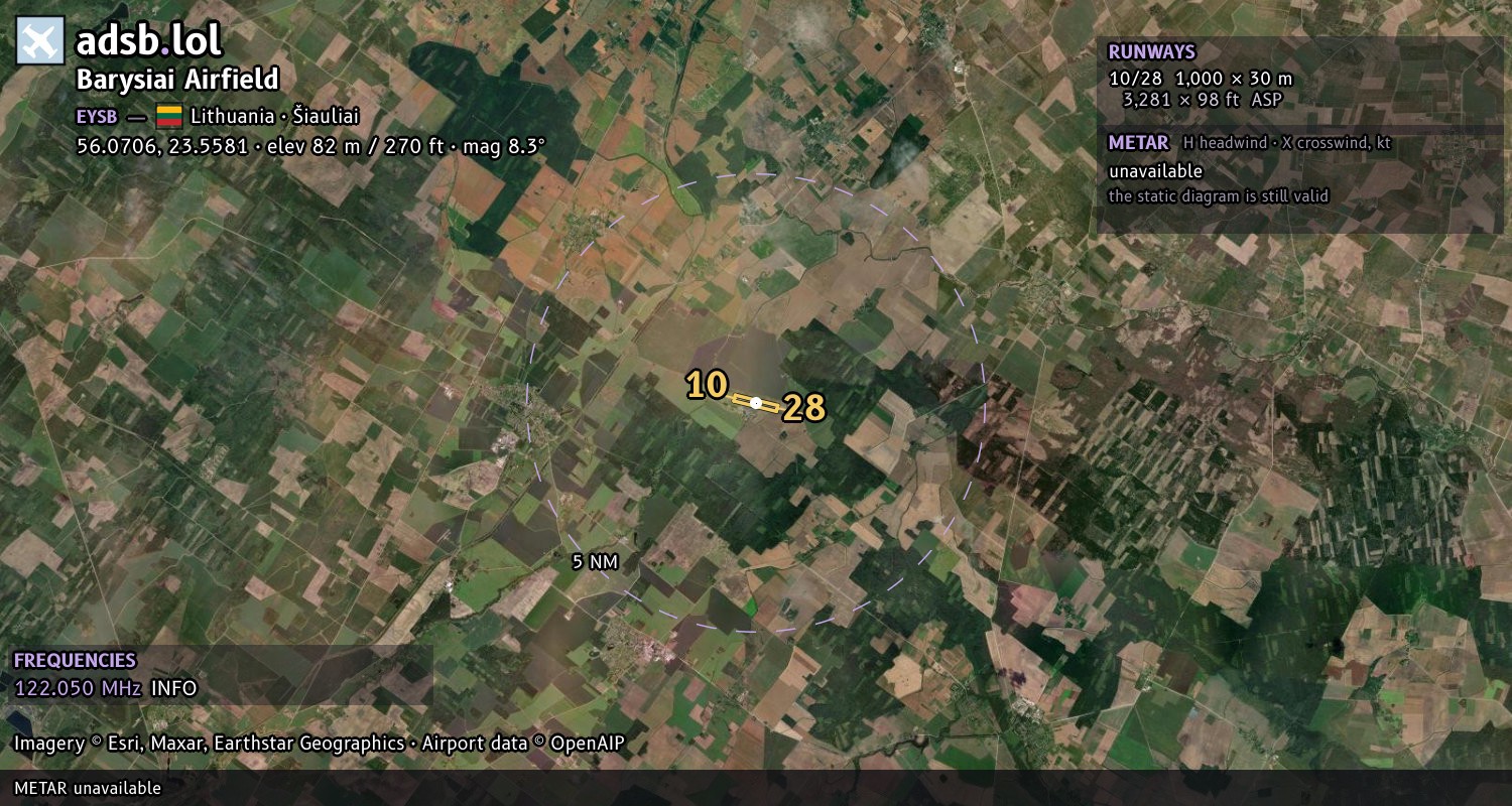Satellite map with the runway layout of Barysiai Airfield (EYSB)