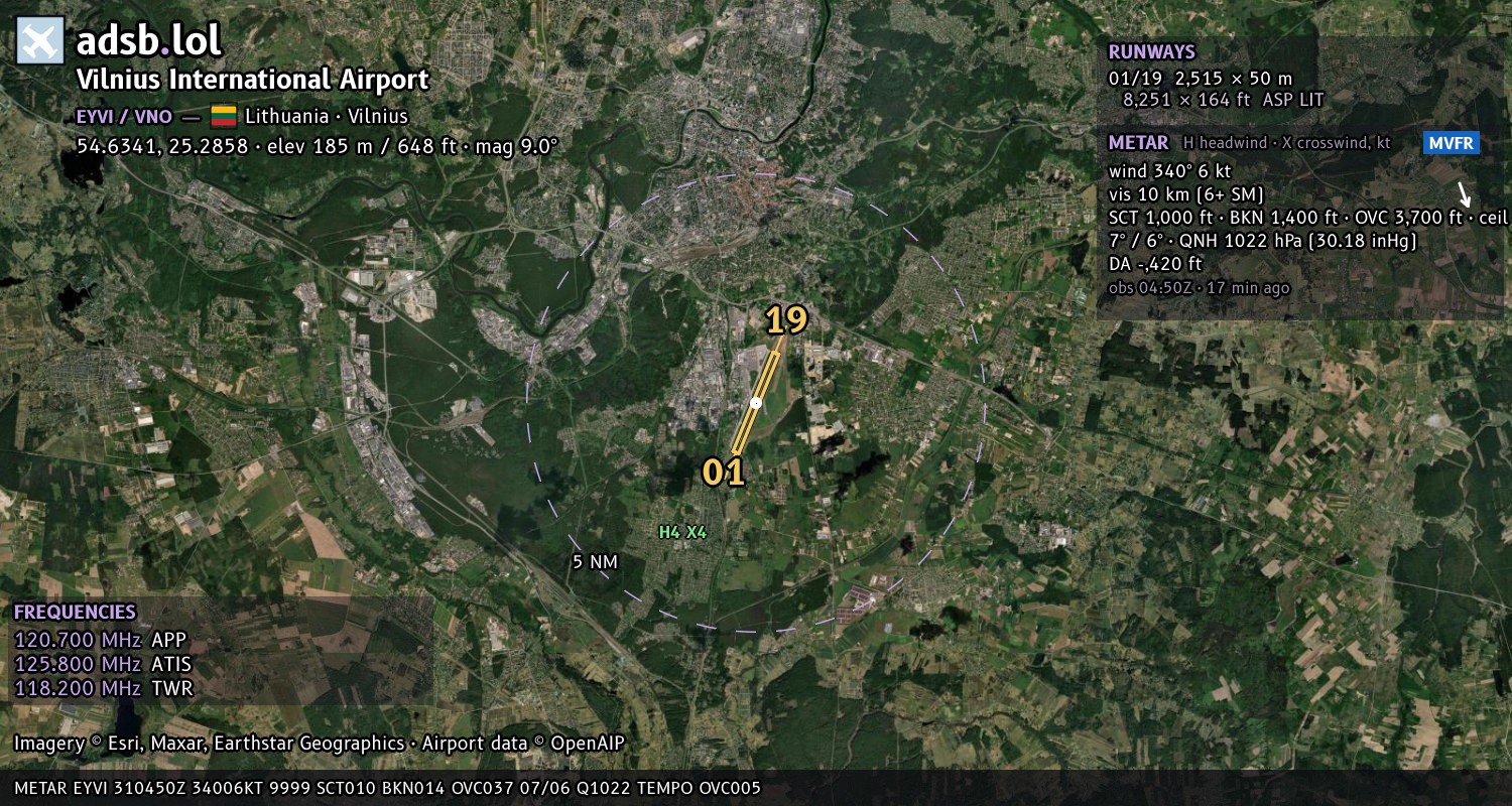 Satellite map with the runway layout of Vilnius International Airport (EYVI)