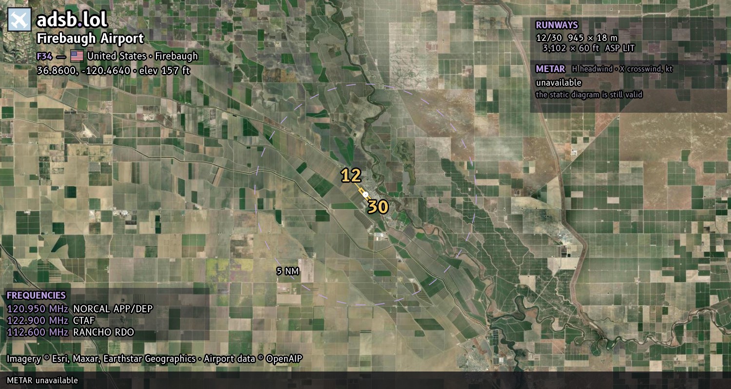 Satellite map with the runway layout of Firebaugh Airport (F34)