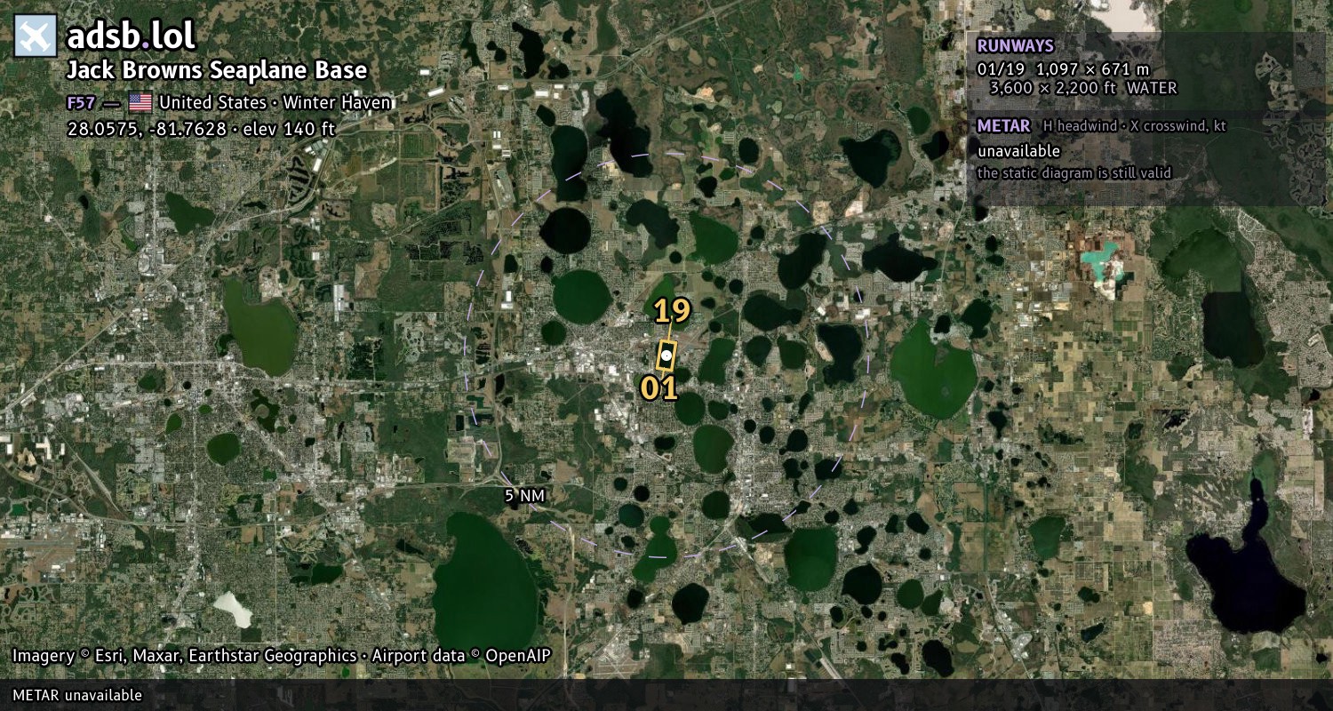Satellite map with the runway layout of Jack Browns Seaplane Base (F57)