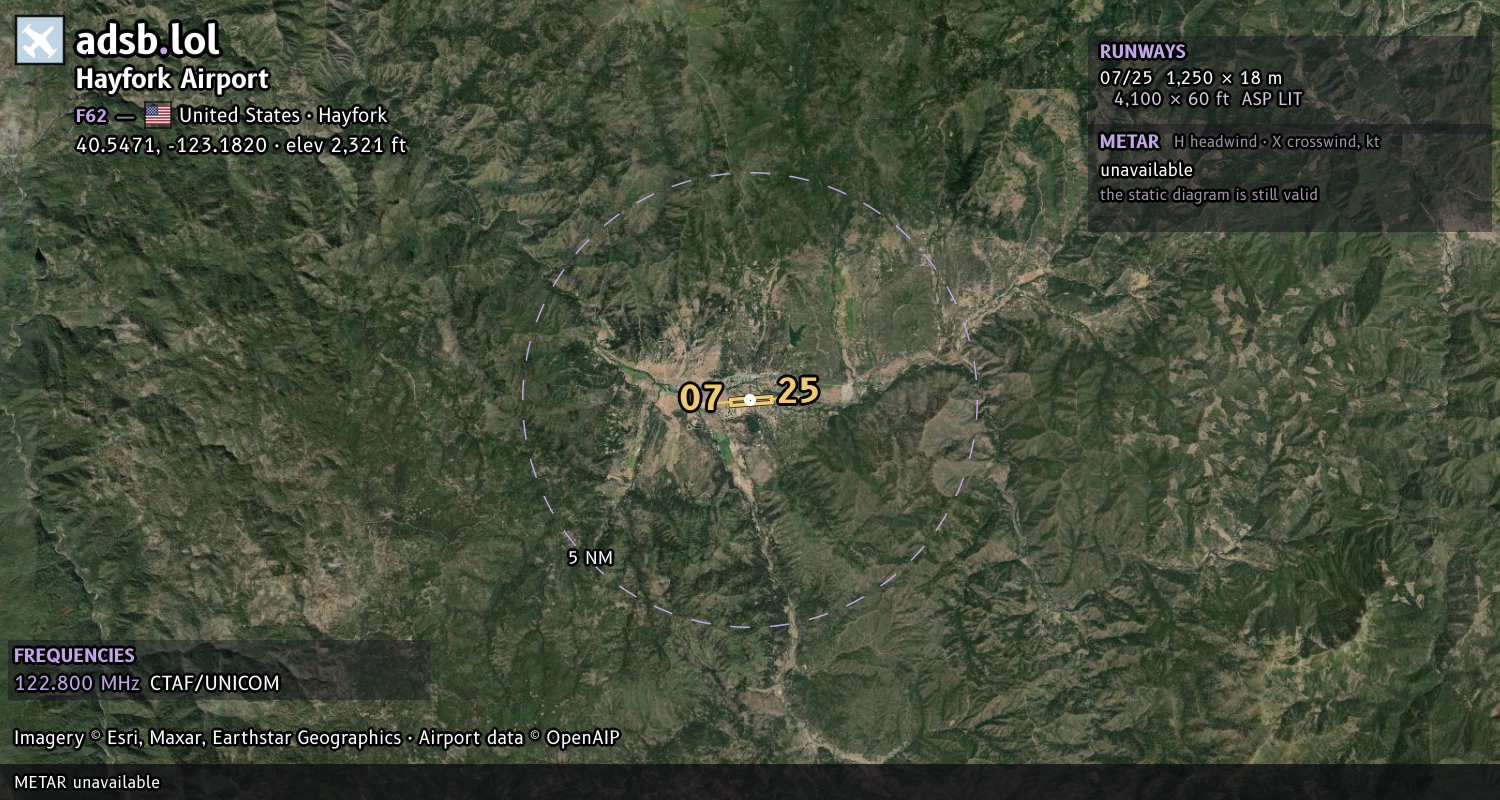 Satellite map with the runway layout of Hayfork Airport (F62)