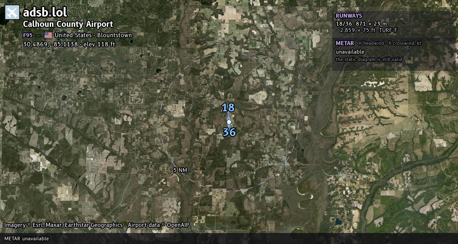 Satellite map with the runway layout of Calhoun County Airport (F95)