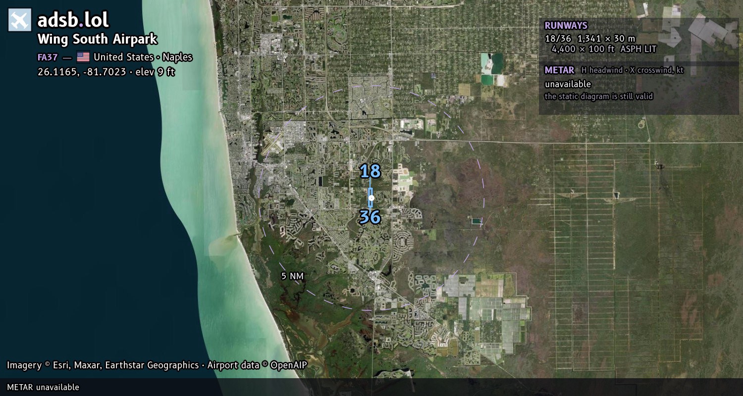 Satellite map with the runway layout of Wing South Airpark (FA37)