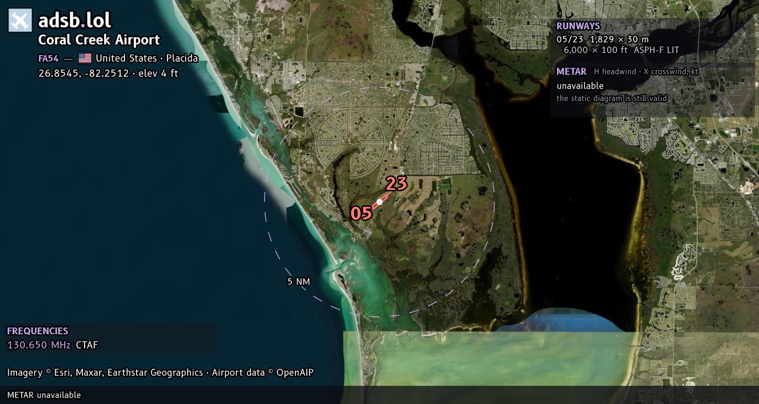 Satellite map with the runway layout of Coral Creek Airport (FA54)