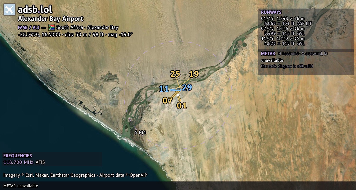 Satellite map with the runway layout of Alexander Bay Airport (FAAB)