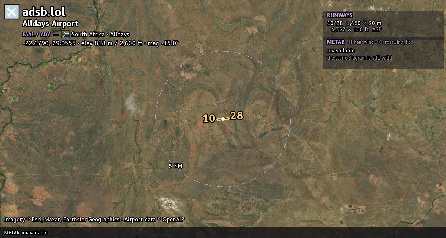 Satellite map with the runway layout of Alldays Airport (FAAL)