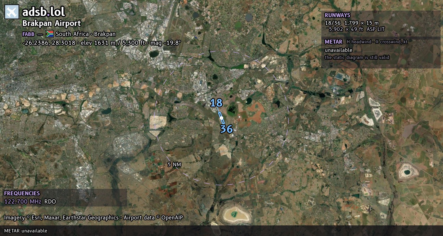 Satellite map with the runway layout of Brakpan Airport (FABB)