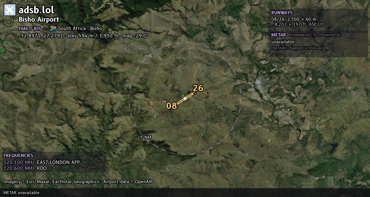 Satellite map with the runway layout of Bisho Airport (FABE)