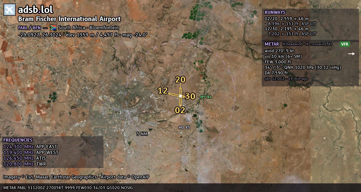 Satellite map with the runway layout of Bram Fischer International Airport (FABL)