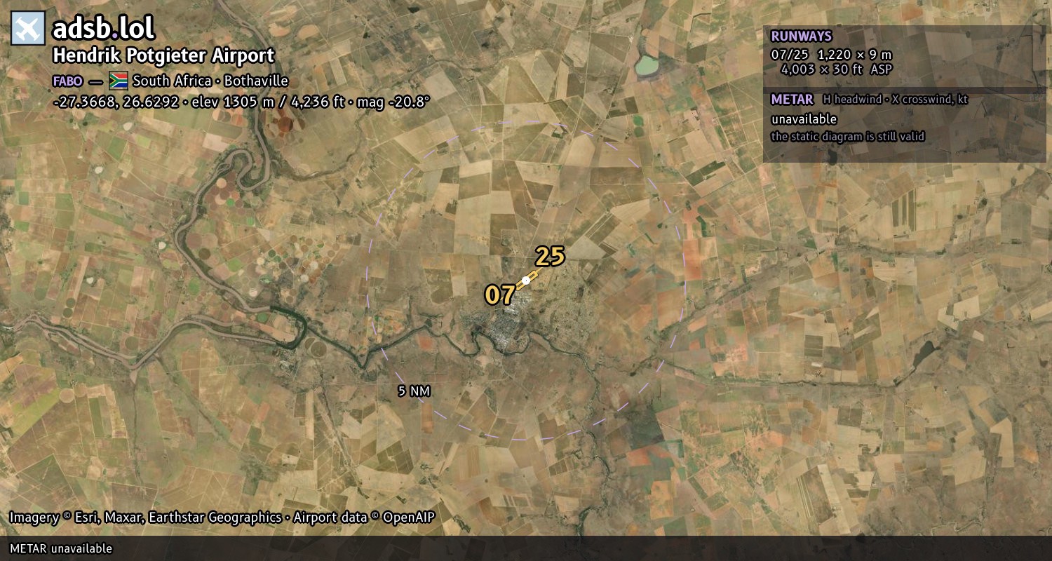 Satellite map with the runway layout of Hendrik Potgieter Airport (FABO)